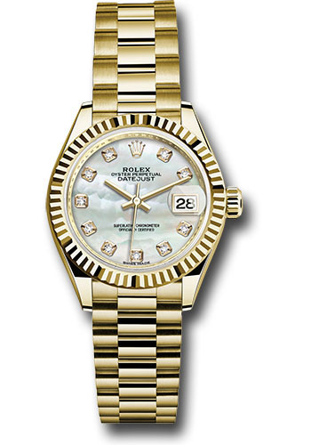 Rolex Yellow Gold Lady-Datejust 28 Watch - Fluted Bezel - Mother-of-Pearl Diamond Dial - President Bracelet