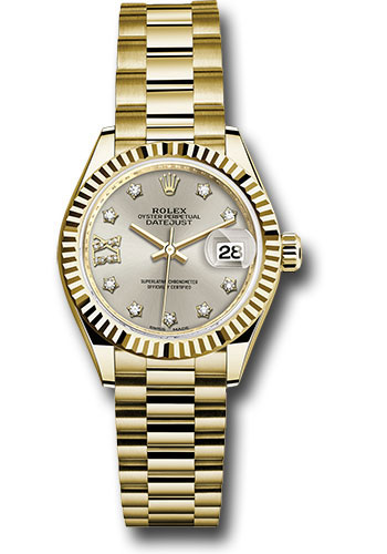 Rolex Yellow Gold Lady-Datejust 28 Watch - Fluted Bezel - Silver Diamond Star Dial - President Bracelet