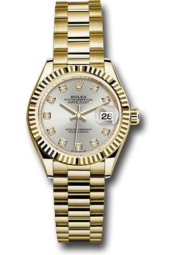 Rolex Yellow Gold Lady-Datejust Watch - Fluted Bezel - Silver Diamond Dial - President Bracelet