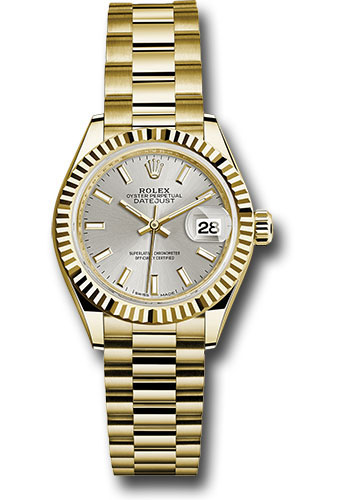 Rolex Yellow Gold Lady-Datejust 28 Watch - Fluted Bezel - Silver Index Dial - President Bracelet