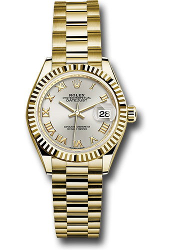 Rolex Yellow Gold Lady-Datejust 28 Watch - Fluted Bezel - Silver Roman Dial - President Bracelet