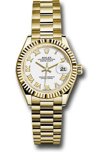 Rolex Yellow Gold Lady-Datejust 28 Watch - Fluted Bezel - White Roman Dial - President Bracelet
