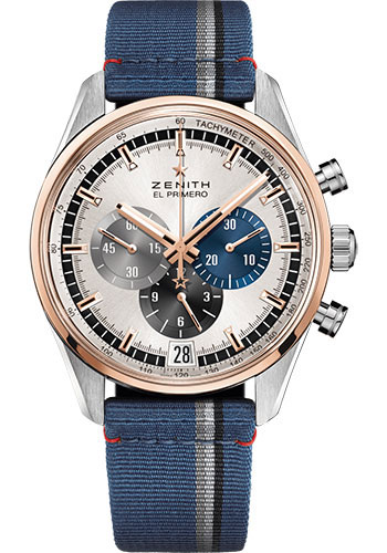Zenith Chronomaster El Primero Watch - Steel And Rose Gold - Silver Dial - Blue Fabric Strap