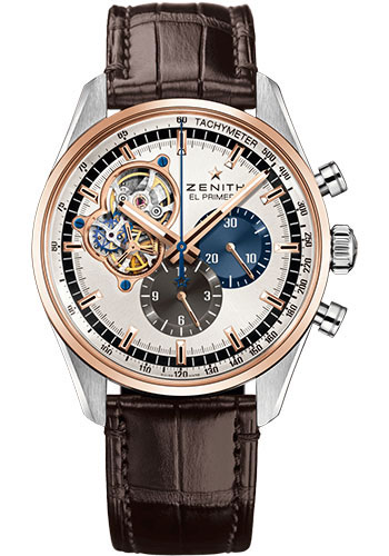 Zenith Chronomaster El Primero Open Watch - Steel And Rose Gold - Silver Dial - Brown Alligator Strap