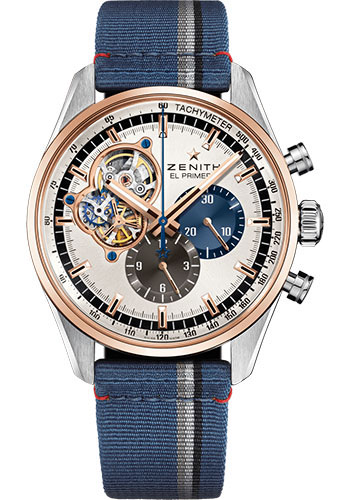 Zenith Chronomaster El Primero Open Watch - Steel And Rose Gold - Silver Dial - Blue Fabric Strap