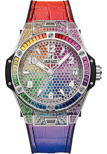 Hublot Big Bang One Click Steel Rainbow Watch - 39 mm - White Dial - Black Rubber and Multicolored Leather Strap