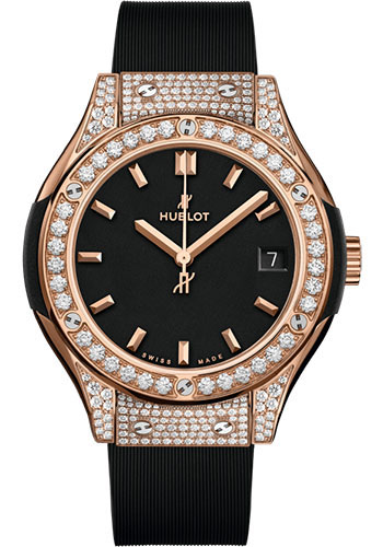 Hublot Classic Fusion King Gold Pavé Watch - 33 mm - Black Dial - Black Rubber and Leather Strap