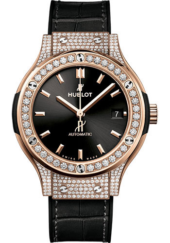 Hublot Classic Fusion King Gold Pavé Watch - 38 mm - Black Dial - Black Rubber and Leather Strap