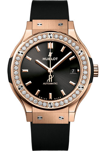Hublot Classic Fusion King Gold Diamonds Watch - 38 mm - Black Dial - Black Lined Rubber Strap