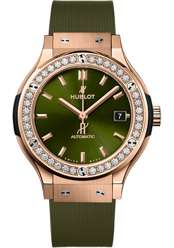 Hublot Classic Fusion King Gold Green Diamonds Watch - 38 mm - Green Dial - Green Lined Rubber Strap