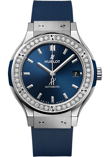 Hublot Classic Fusion Titanium Blue Diamonds Watch - 38 mm - Blue Dial - Blue Lined Rubber Strap