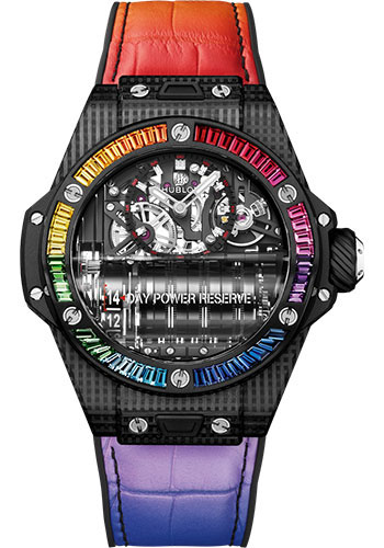 Hublot Big Bang MP-11 Power Reserve 14 Days 3D Carbon Rainbow Watch - 45 mm - Sapphire Crystal Dial - Black Rubber and Multicolored Leather Strap