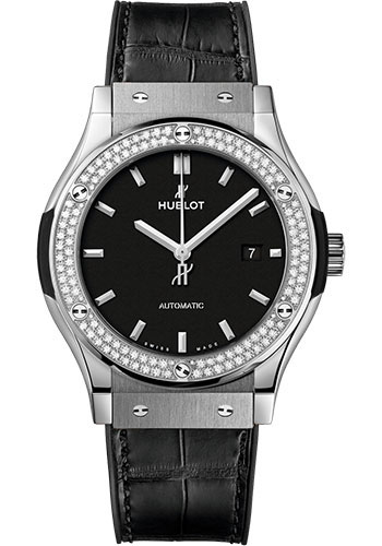 Hublot Classic Fusion Titanium Diamonds Watch - 42 mm - Black Dial - Black Rubber and Leather Strap