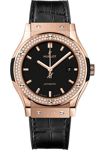 Hublot Classic Fusion King Gold Diamonds Watch - 42 mm - Black Dial - Black Rubber and Leather Strap