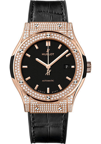 Hublot Classic Fusion King Gold Pavé Watch - 42 mm - Black Dial - Black Rubber and Leather Strap