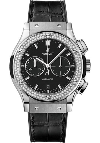 Hublot Classic Fusion Chronograph Titanium Diamonds Watch - 42 mm - Black Dial - Black Rubber and Leather Strap