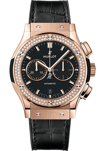 Hublot Classic Fusion Chronograph King Gold Diamonds Watch - 42 mm - Black Dial - Black Rubber and Leather Strap