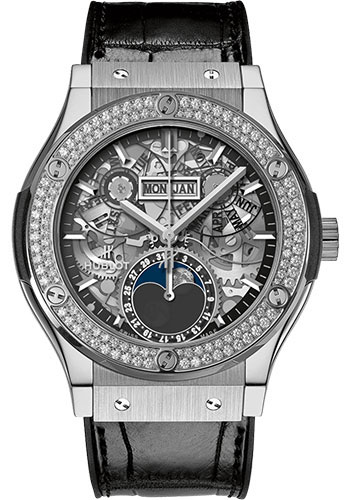 Hublot Classic Fusion Aerofusion Moonphase Titanium Diamonds Watch - 42 mm - Sapphire Dial - Black Rubber and Leather Strap