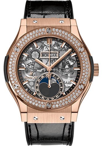 Hublot Classic Fusion Aerofusion Moonphase King Gold Diamonds Watch - 42 mm - Sapphire Dial - Black Rubber and Leather Strap