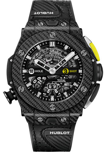 Hublot Big Bang Unico Golf Black Carbon Watch - 45 mm - Black Skeleton Dial - Black Rubber With Carbon Fiber Texture Decor and Black Calf Leather Strap