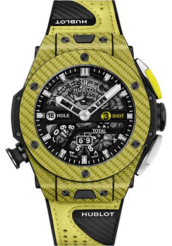 Hublot Big Bang Unico Golf Yellow Carbon Watch - 45 mm - Black Skeleton Dial - Black Rubber With Carbon Fiber Texture Decor and Yellow Calf Leather Strap Limited Edition of 100
