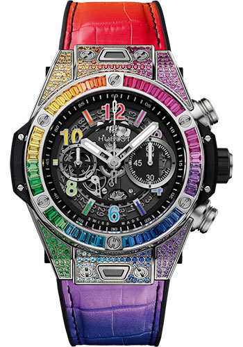 Hublot Big Bang Unico Titanium Rainbow Watch - 45 mm - Black Skeleton Dial - Black Rubber and Multicolored Leather Strap