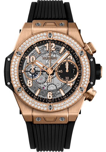 Hublot Big Bang Unico King Gold Diamonds Watch - 42 mm - Black Skeleton Dial - Black Rubber Strap