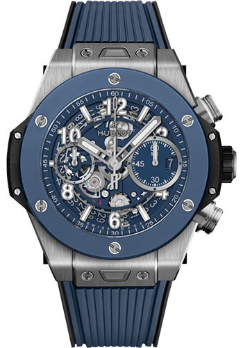 Hublot Big Bang Unico Titanium Blue Ceramic Watch - 42 mm - Blue Skeleton Dial - Black and Blue Rubber Strap