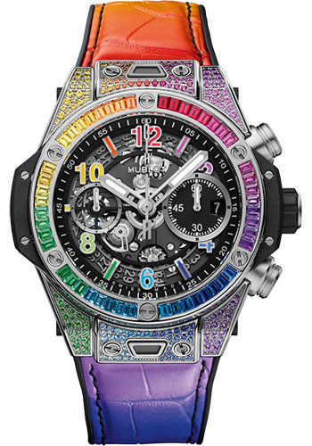 Hublot Big Bang Unico Titanium Rainbow Watch - 42 mm - Black Skeleton Dial - Black Rubber and Multicolored Leather Strap