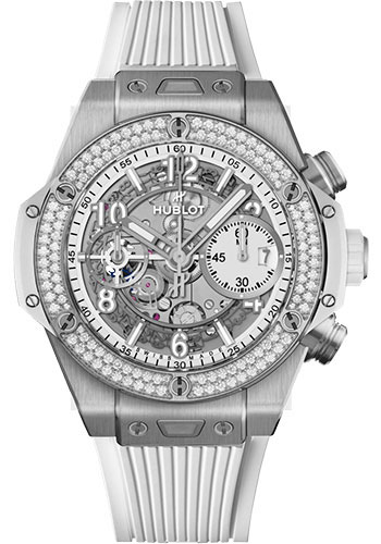 Hublot Big Bang Unico Titanium White Diamonds Watch - 42 mm - White Dial - White Rubber Strap