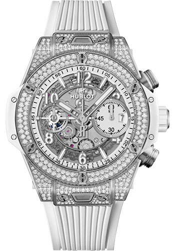 Hublot Big Bang Unico Titanium White Pavé Watch - 42 mm - White Skeleton Dial - White Rubber Strap