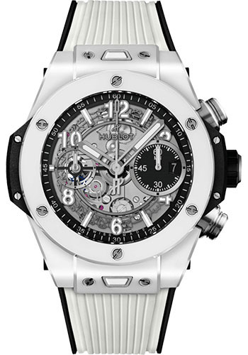 Hublot Big Bang Unico White Ceramic Watch - 42 mm - Black Skeleton Dial - Black and White Rubber Strap