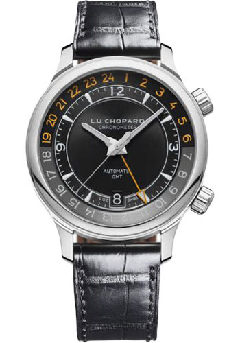 Chopard L.U.C GMT One Watch - Steel Case - Galvanic Black Dial - Black Strap