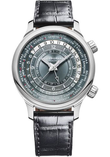 Chopard L.U.C Time Traveler One Watch - Platinum Case - Galvanic Gray-Blue Dial - Black Strap