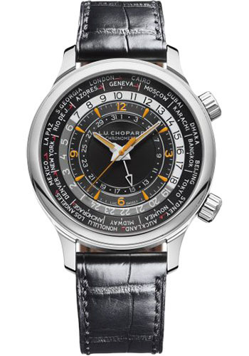 Chopard L.U.C Time Traveler One Watch - Steel Case - Galvanic Black Dial - Black Strap