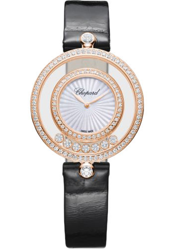 Chopard Happy Diamonds Icons Watch - 32.00 mm Rose Gold Diamond Case - Mother-Of-Pearl Dial - Black Strap