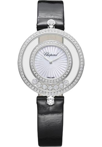 Chopard Happy Diamonds Icons Watch - 32.00 mm White Gold Diamond Case - Mother-Of-Pearl Dial - Black Strap