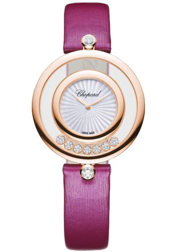 Chopard Happy Diamonds Joaillerie Watch - 28.60 mm Rose Gold Diamond Case - Diamond-Set Bezel - Mother-Of-Pearl Dial - Red Strap