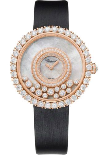Chopard Happy Diamonds Joaillerie Watch - 37.70 mm Rose Gold Diamond Case - Diamond-Set Bezel - Textured Mother-Of-Pearl Dial - Black Strap