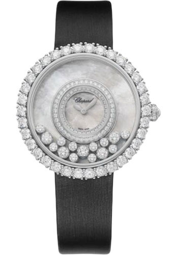 Chopard Happy Diamonds Joaillerie Watch - 37.70 mm White Gold Diamond Case - Diamond-Set Bezel - Textured Mother-Of-Pearl Dial - Black Strap
