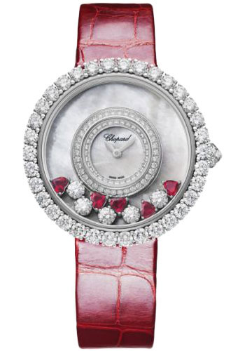 Chopard Happy Diamonds Joaillerie Watch - 37.70 mm White Gold Diamond Case - Diamond-Set Bezel - Textured Mother-Of-Pearl Dial - Red Strap