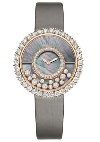 Chopard Happy Diamonds Joaillerie Watch - 38.00 mm Rose Gold Diamond Case - Black Tahitian Mother-Of-Pearl Dial - Silver Brushed Fabric Strap