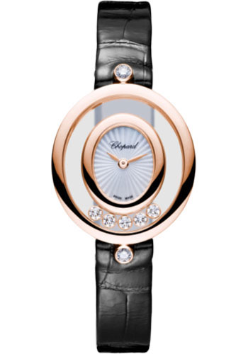 Chopard Happy Diamonds Oval Watch - Rose Gold Diamond Case - Mother-Of-Pearl Dial - Black Strap