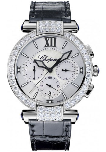 Chopard Imperiale Watch - 40 mm White Gold Diamond Case - Diamond Bezel - Mother-of-Pearl Dial - Blue Leather Strap