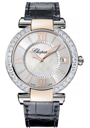 Chopard Imperiale Watch - 40 mm Steel And Rose Gold Case - Diamond Bezel - Mother-of-Pearl Dial - Black Leather Strap