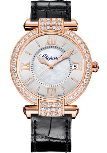 Chopard Imperiale Automatic Watch - 36.00 mm Rose Gold Diamond Case - Diamonds Set On The Bezel - Silver- Dial - Black Strap