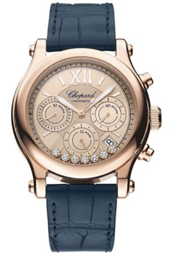 Chopard Happy Sport Chrono Watch - 40.00 mm Rose Gold Diamond Case - Sunburst Satin-Brushed Rose Gold-Toned Dial - Blue Strap