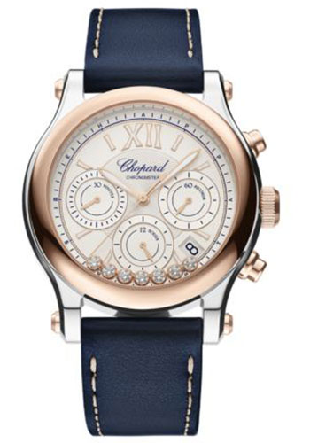 Chopard Happy Sport Chrono Watch - 40.00 mm Rose Gold Diamond Case - Sunburst Satin-Brushed Rose Gold-Toned Dial - Blue Strap