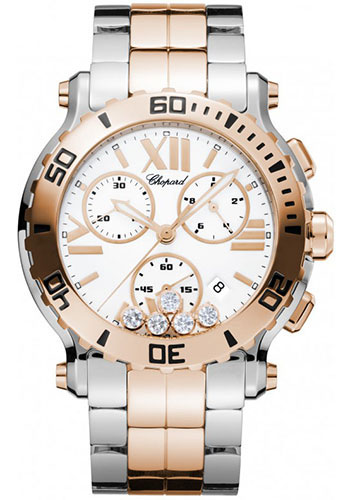 Chopard Happy Sport Chrono Watch - Rose Gold And Steel Case - Turning Bezel - White Diamond Dial