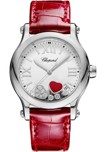 Chopard Happy Sport Happy Hearts Watch - 36.00 mm Steel Diamond Case - Mat White Dial - Red Strap